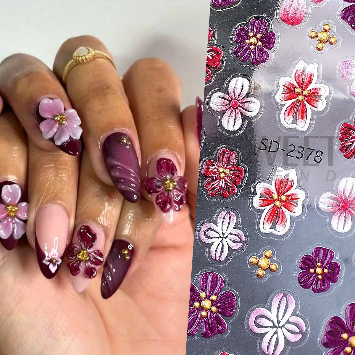 3D Hibiscus Floral Matte Nail Stickers Gradient Purple Pink – 2pcs Nail Art Stickers PLUSH
