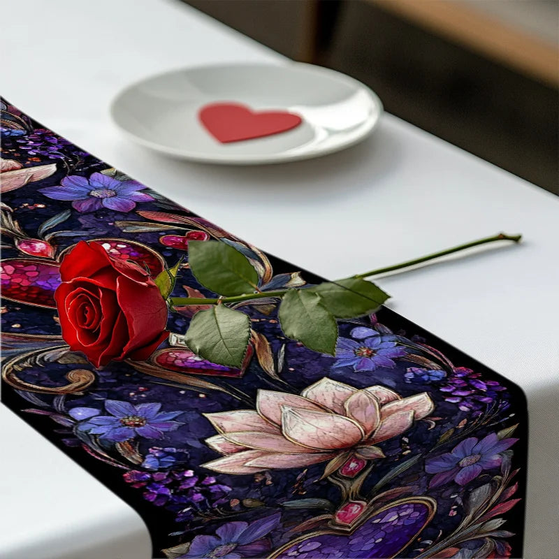 Valentine's Day Table Runner – Dark Blue Heart Floral Pattern Table Runner PLUSH