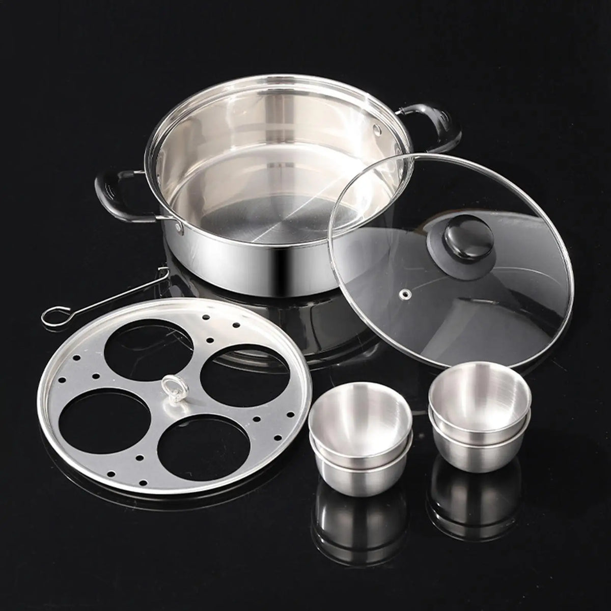 Stainless Steel Egg Poacher Steamer 4-Cup Cooker Pot – Red Egg Poacher Steamer PLUSH