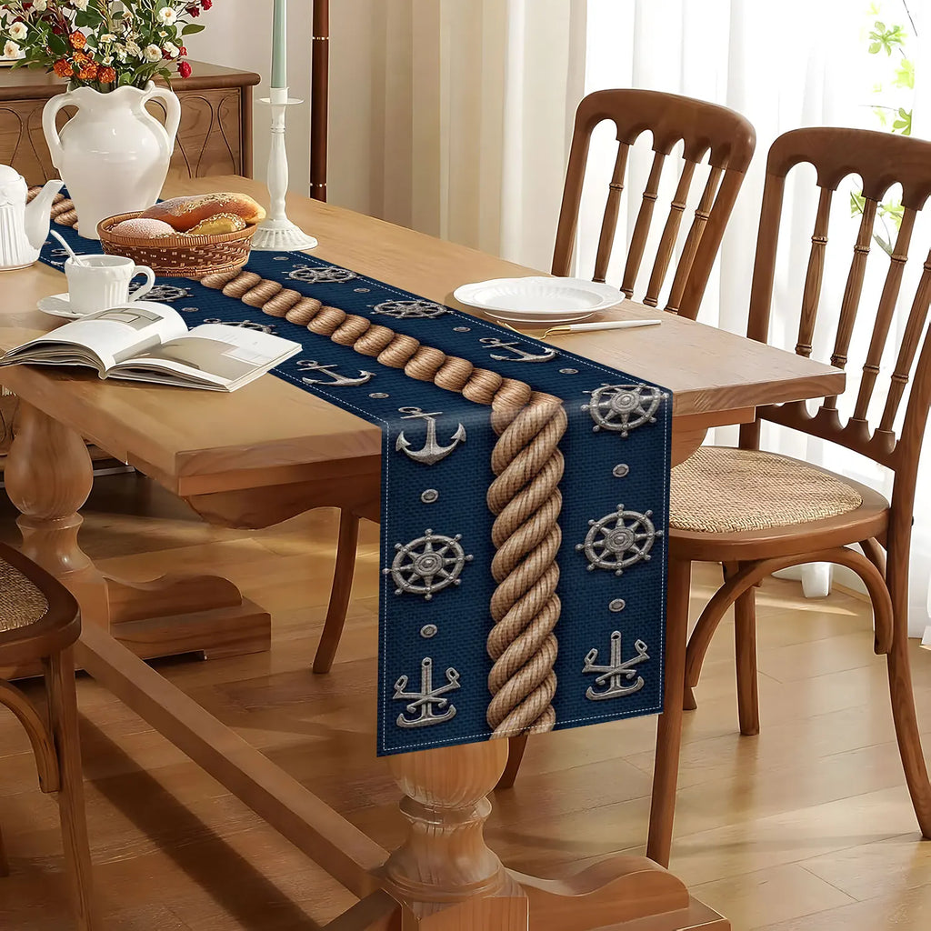 Nautical Table Runner – Anchor, Rope & Wheel Print Décor Table Runner PLUSH