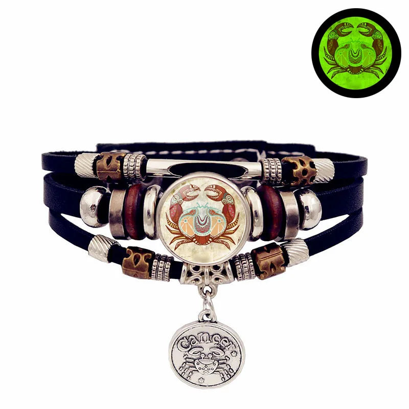 Glow Zodiac Constellation Leather Charm Bracelet – Unisex Charm Bracelet PLUSH 11-Cancer