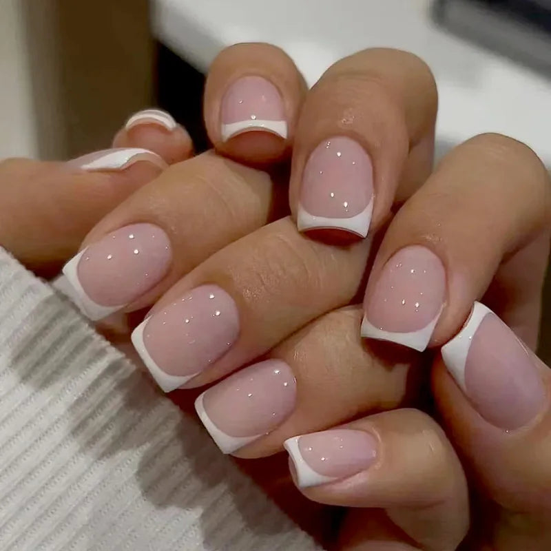 24pcs Pink Short Square Press On Nails | Y2K French Tips Press-On Nails PLUSH 1Set With Jelly glue
