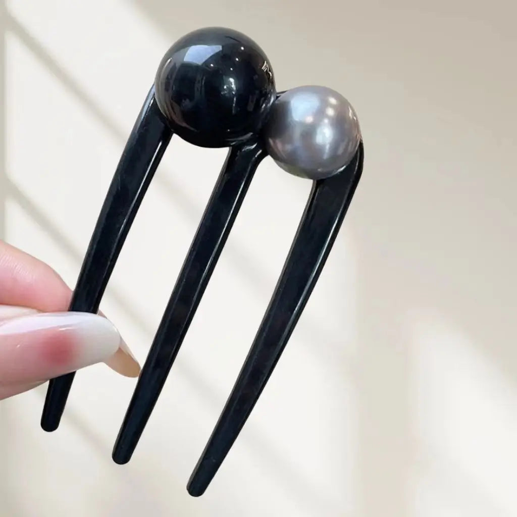 U-Shaped 3-Tooth Bead Hair Clip for Women – Coffee Updo Pin Bead Hair Clip PLUSH Black Silver