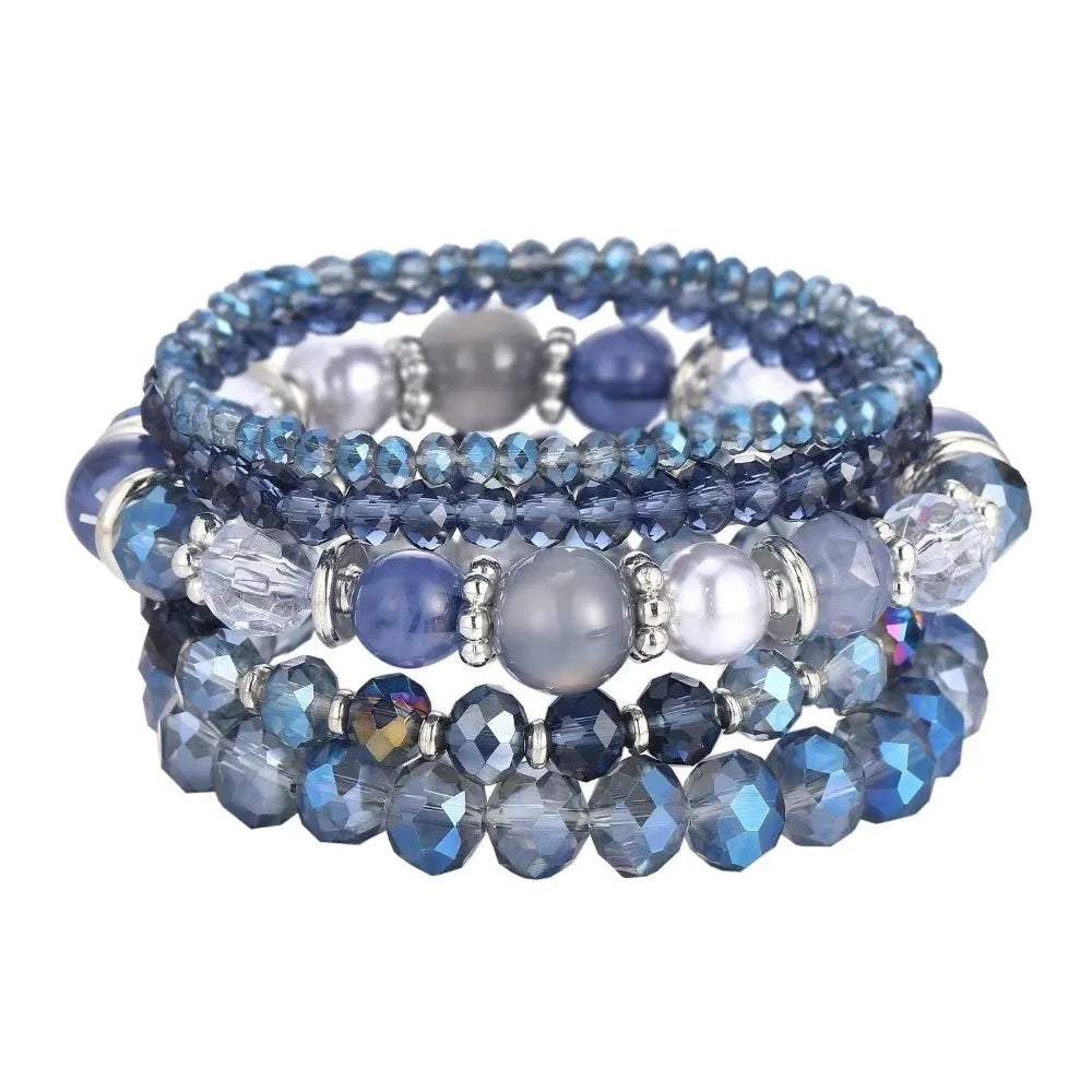 Bohemian Faceted Glass Bead Elastic Layered Bracelet Set 5pcs Beaded Bracelet Set PLUSH Royal Blue