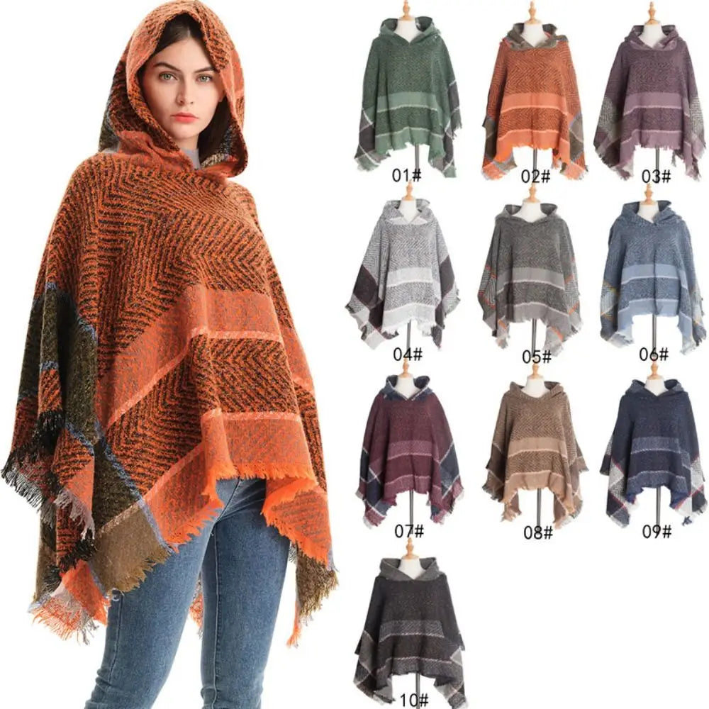 Women's Tassel Hooded Cape Plaid Knit Shoulder Wrap Cloak Hooded Cape Wrap PLUSH