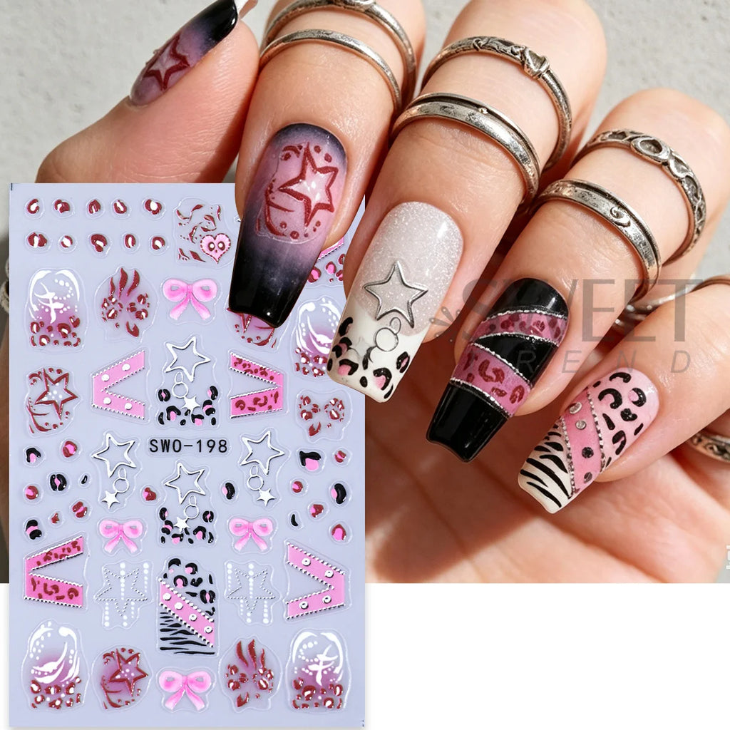 Y2K 3D Matte Nail Decals – Star Leopard Bow Belt Stickers 2pcs Nail Art Decals PLUSH