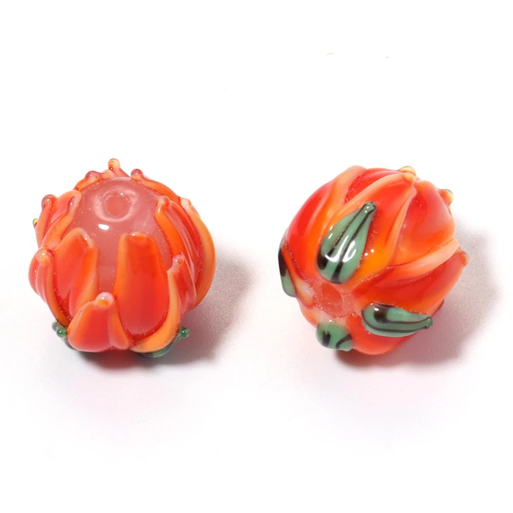 Tulip Lampwork Glass Spacer Beads – Multicolor DIY Jewelry Lampwork Glass Beads PLUSH orange x 2pcs