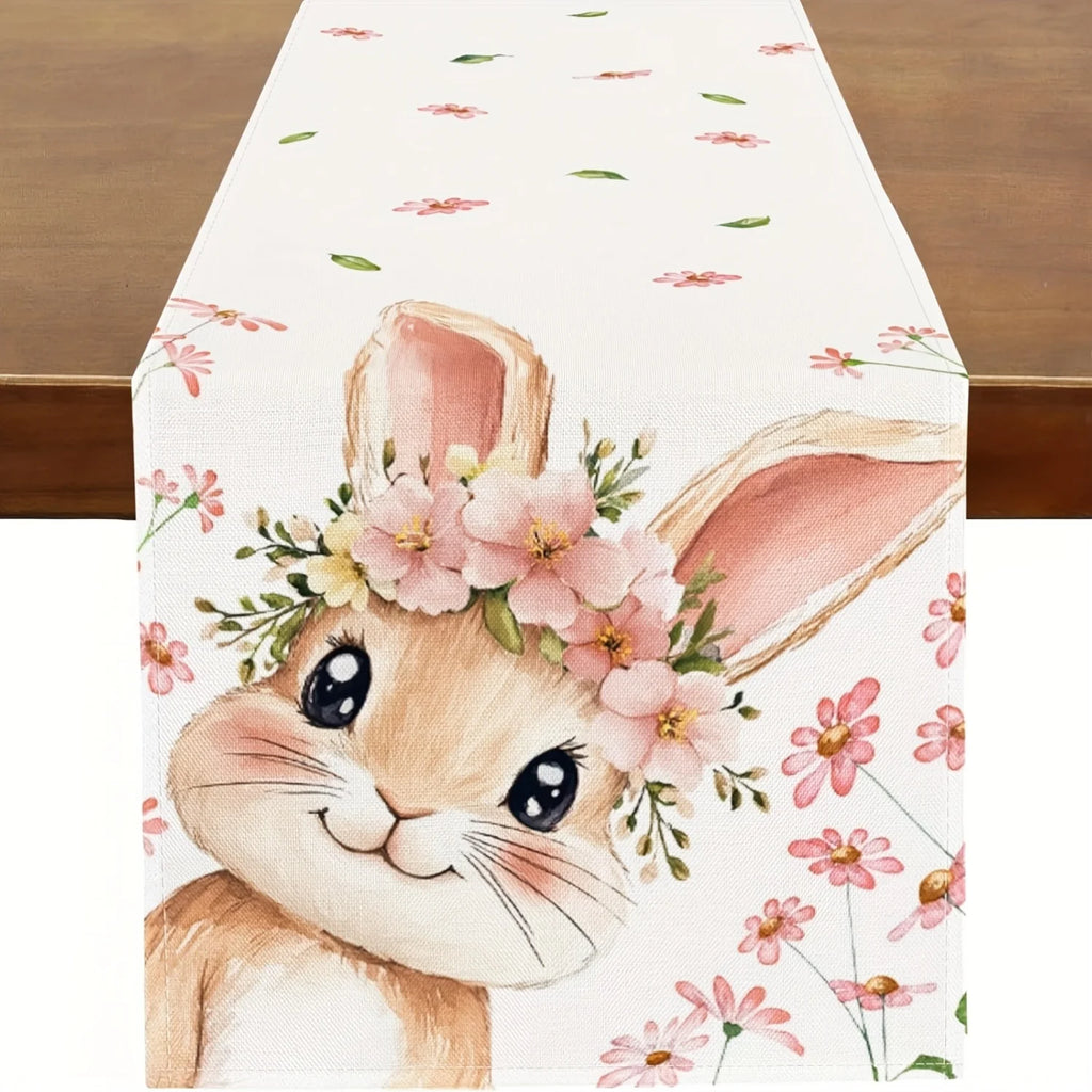 Easter Rabbit Table Runner – Spring Floral Wreath Design Table Runner PLUSH A 33X275Cm