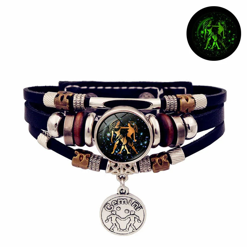 Luminous Zodiac Leather Bracelet – Glow in Dark | All 12 Signs Charm Bracelet PLUSH Gemini