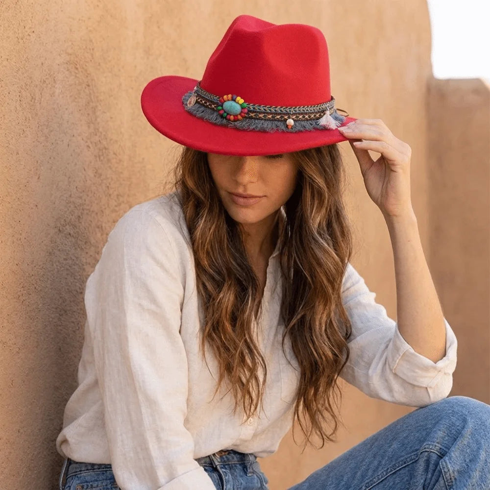 Wide Brim Western Cowboy Hat with Tassels – Unisex Cosplay Western Cowboy Hat PLUSH