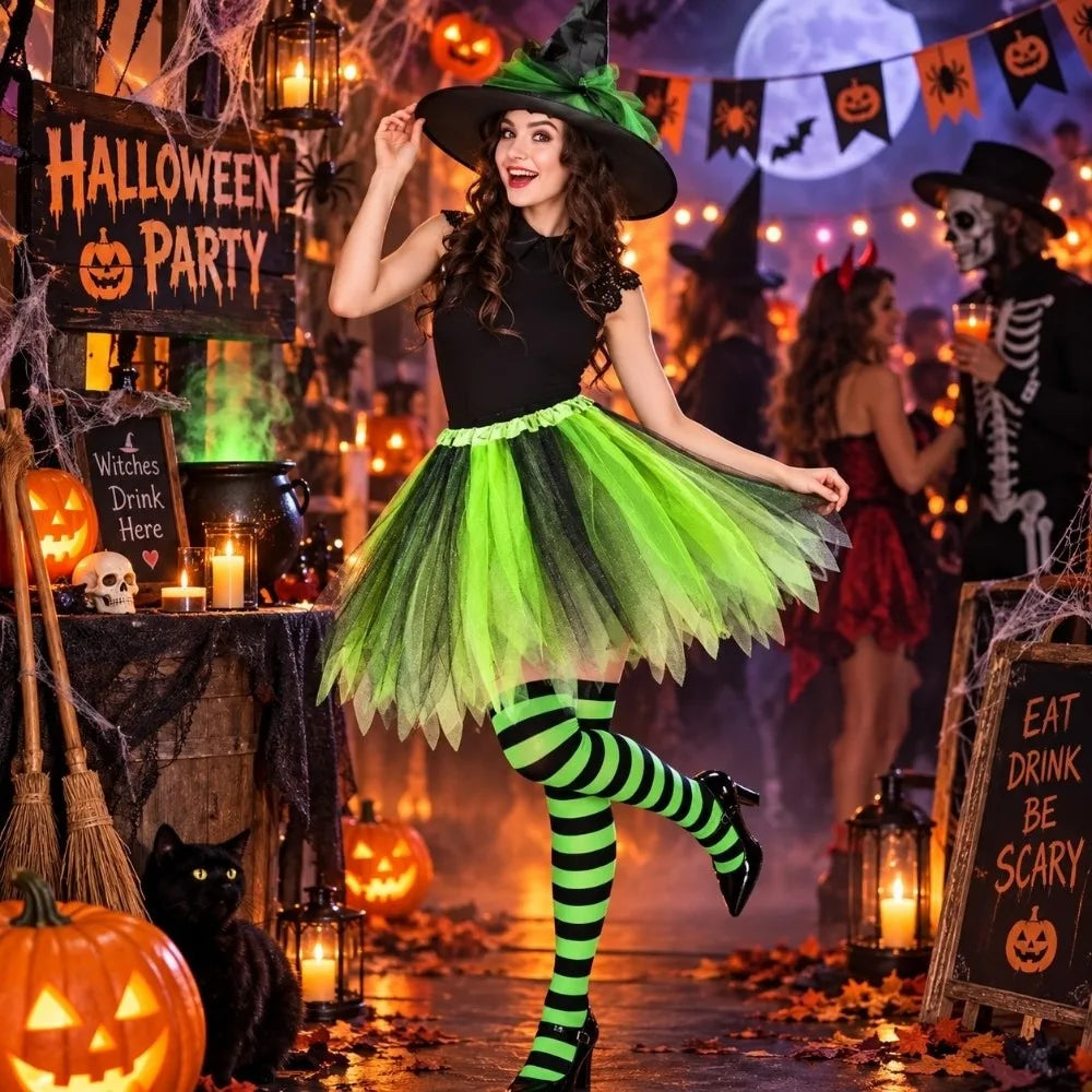 Halloween Witch Costume Set – Tutu Skirt, Hat & Striped Socks Halloween Costume Set PLUSH