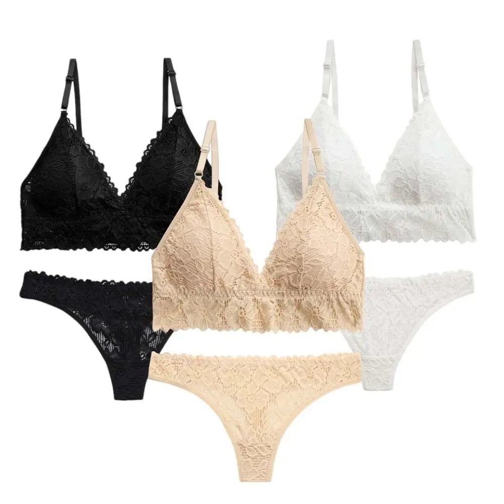 V-Neck Lace Floral Padded Bra & Thong Set – Women's Lingerie Lace Lingerie Set PLUSH