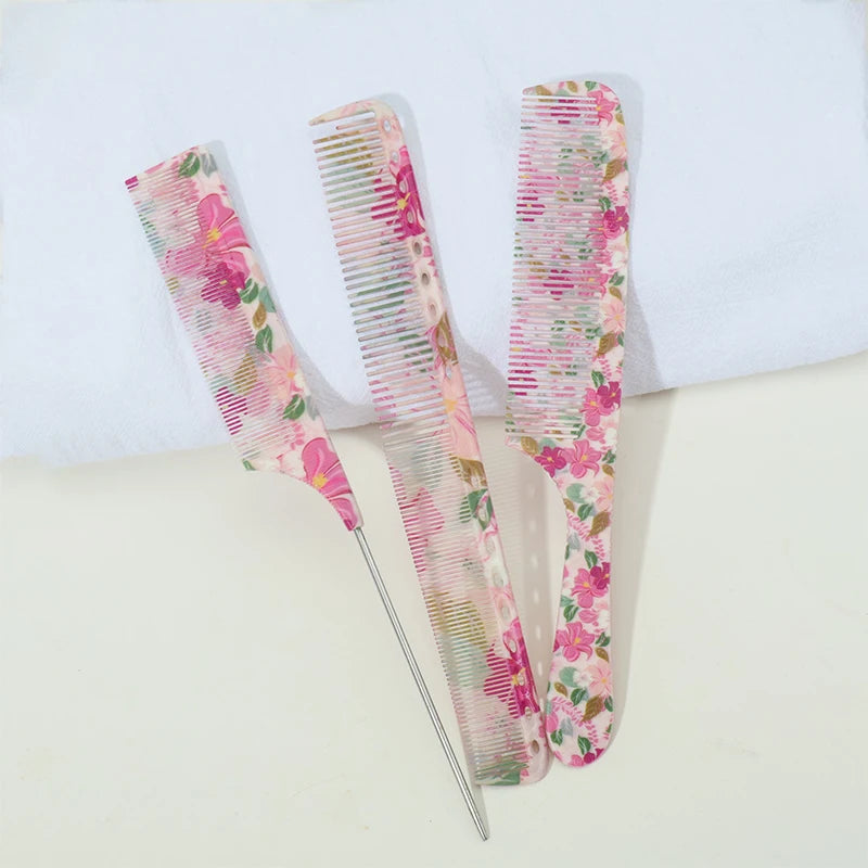 Floral Pointed Tail Comb Set – All Hair Types | 1–5 Pcs Hair Styling Comb PLUSH 3pcs