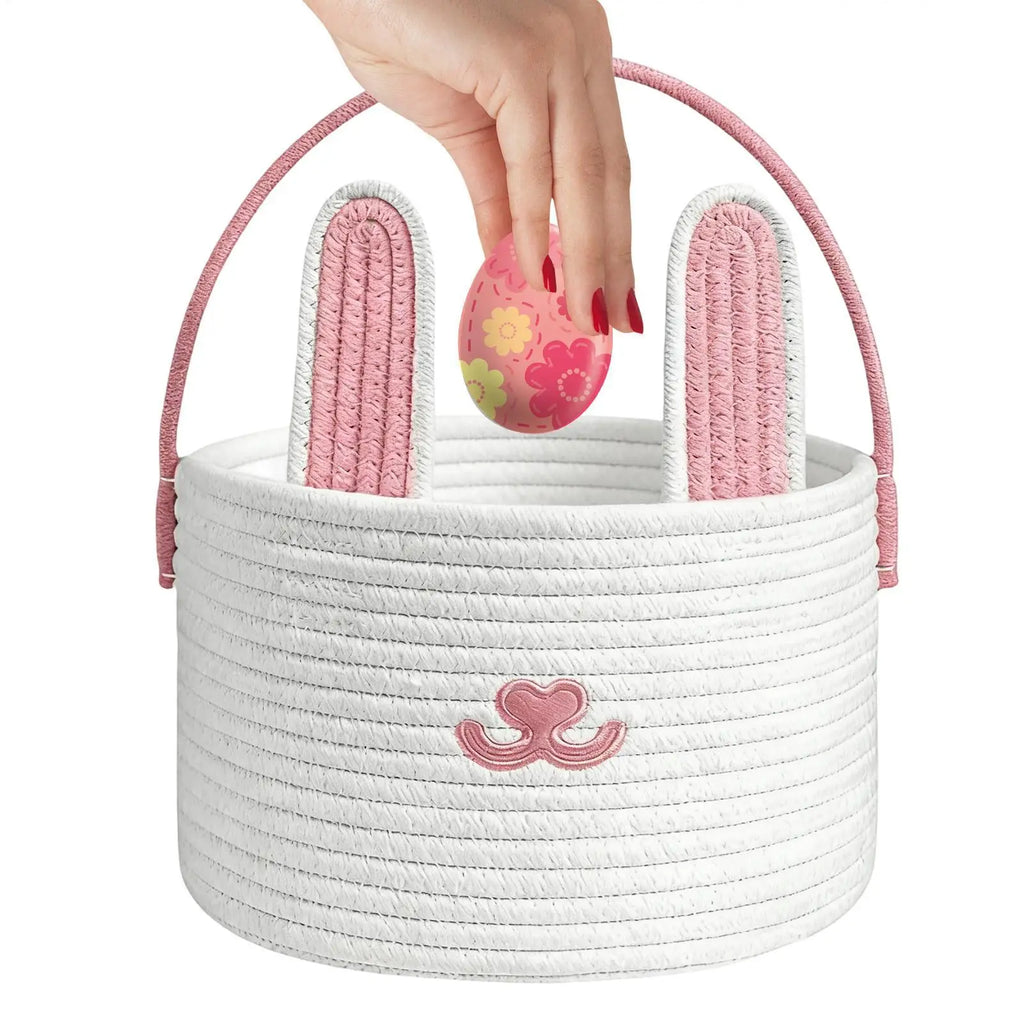 Easter Bunny Woven Cotton Rope Basket – Kids Egg Hunt Bag Easter Gift Basket PLUSH