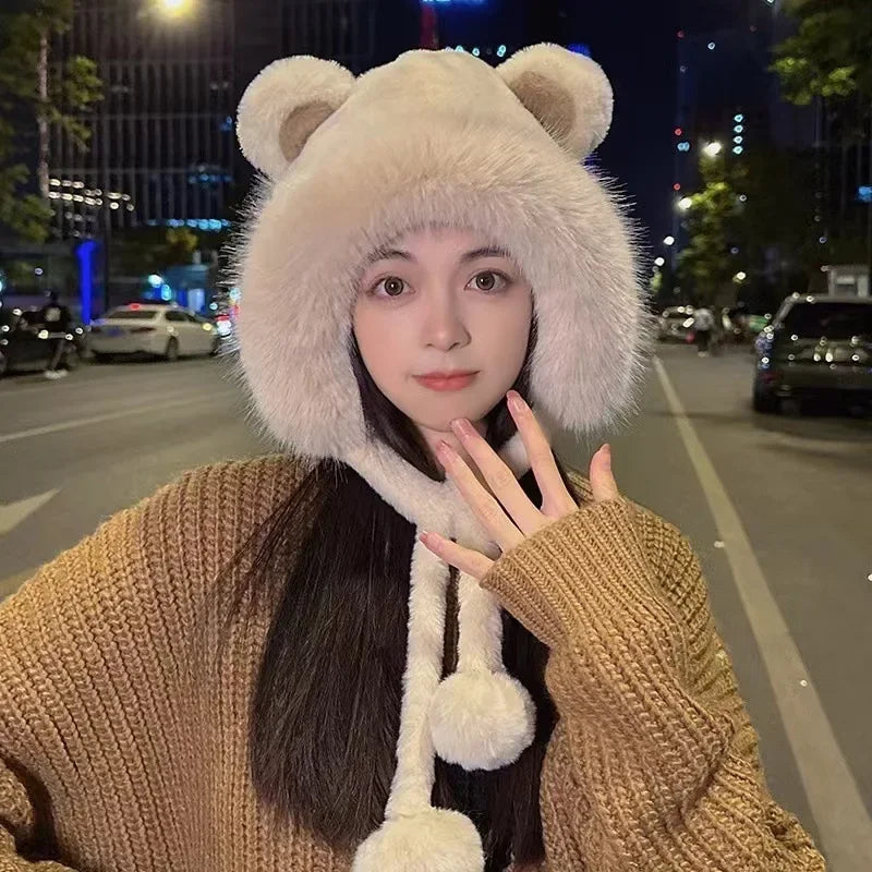 Bear Plush Knit Hat & Scarf Set – Windproof Winter Ear Cover Knit Hat Scarf Set PLUSH