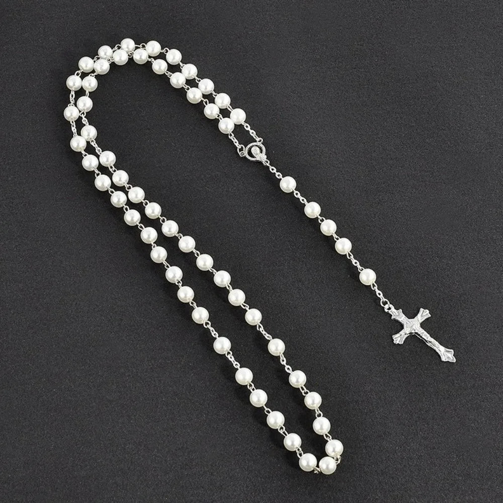 Vintage Cross Pendant Necklace | Faux Pearl Glass Bead Rosary Pendant Necklace PLUSH White