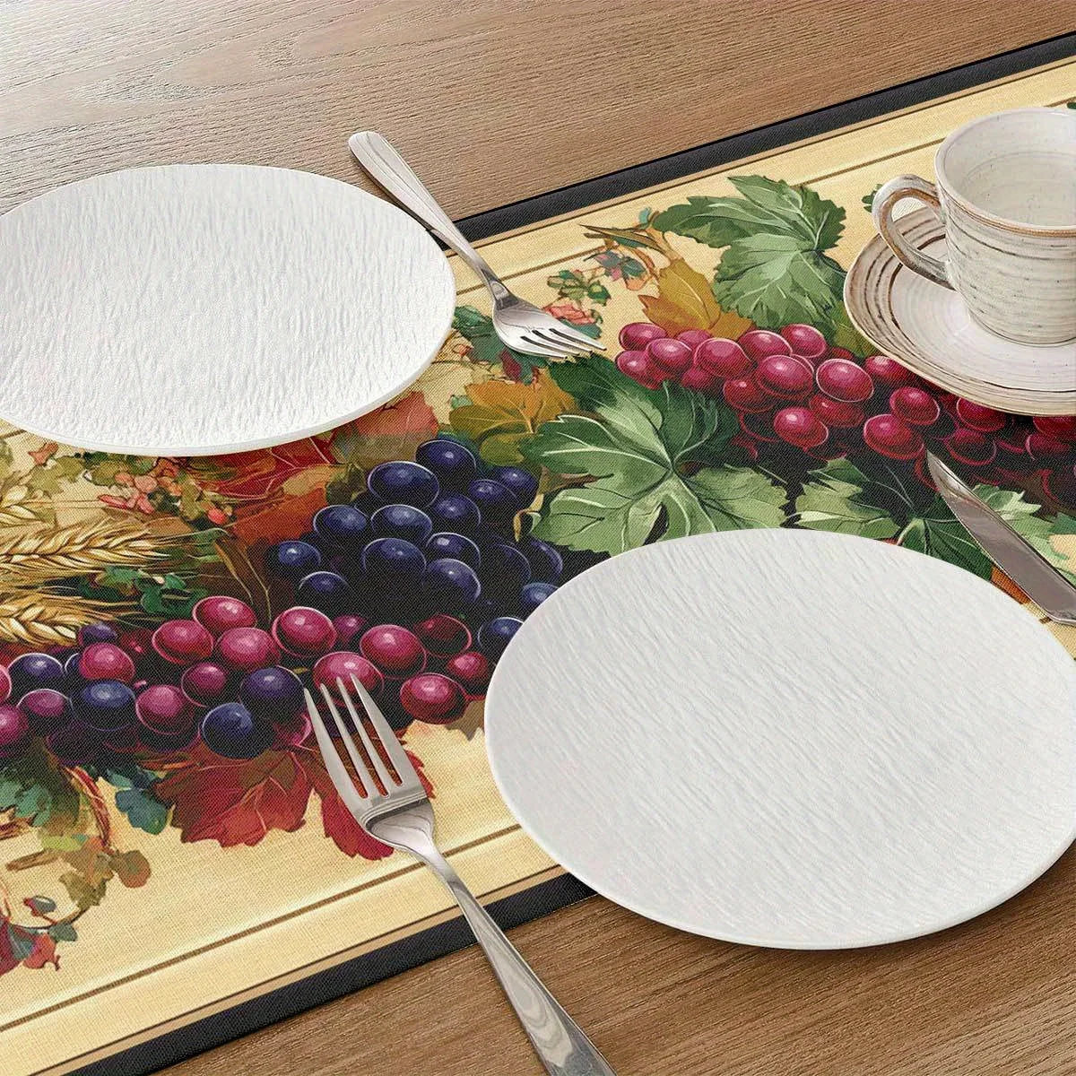 Harvest Table Runner – Grape, Wheat & Leaf Pastoral Print Table Runner PLUSH