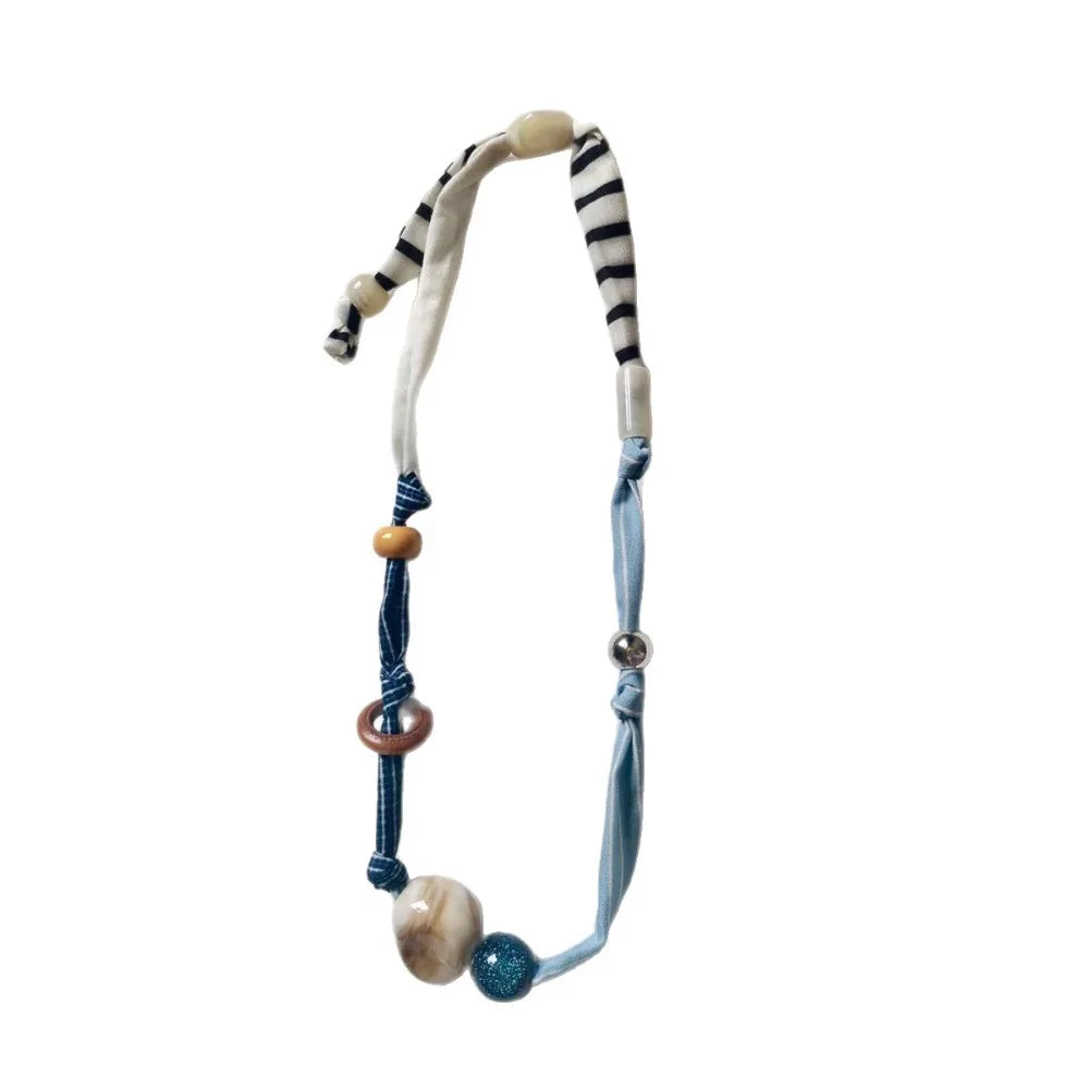 Ethnic Patchwork Cloth & Wood Bead Clavicle Necklace | Boho Boho Beaded Necklace PLUSH Strip