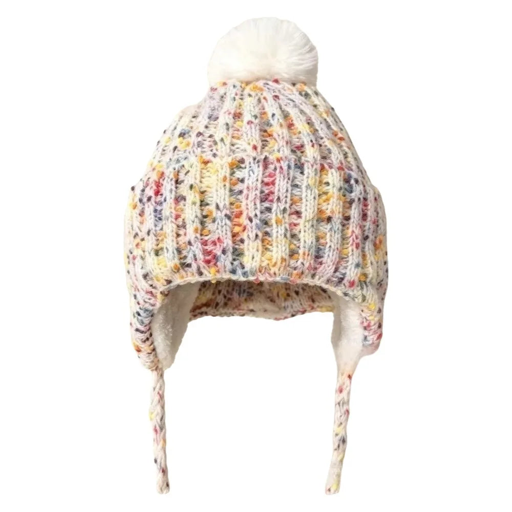 Vintage Knitted Beanie Hat | Windproof Ear Flap Women's Cap Knitted Beanie Hat PLUSH White