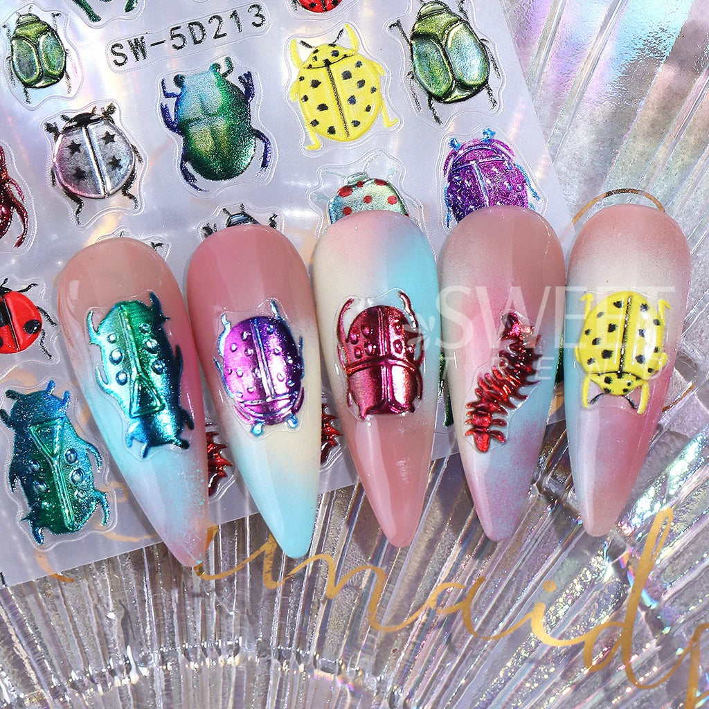5D Insect Nail Stickers – Ladybug Beetle Embossed Decals Nail Art Stickers PLUSH