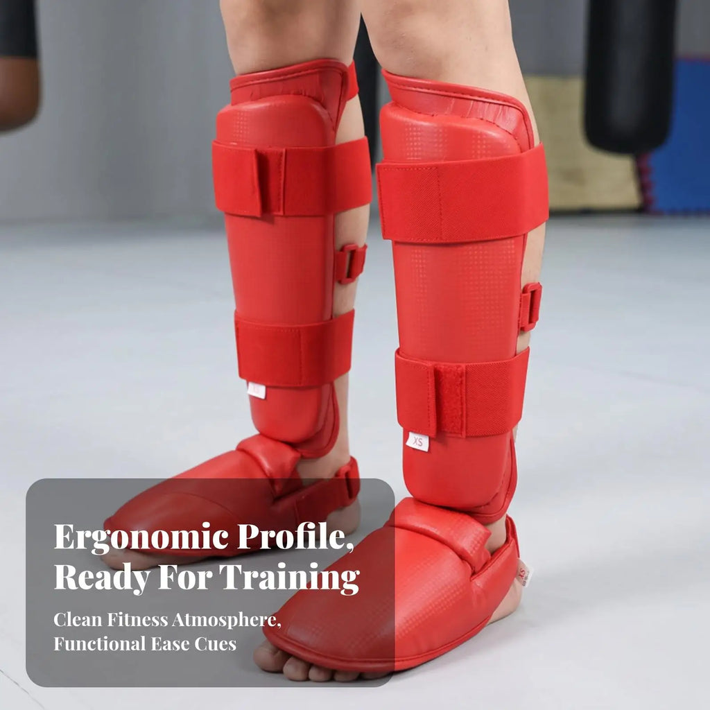 PU Leather Karate Shin Guards with Ankle Protector – Men & Women Martial Arts Shin Guards PLUSH