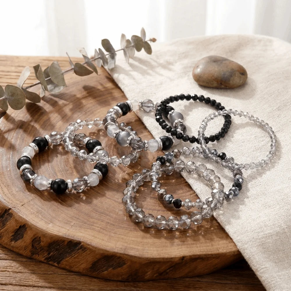 Bohemian Faceted Glass Bead Elastic Layered Bracelet Set 5pcs Beaded Bracelet Set PLUSH