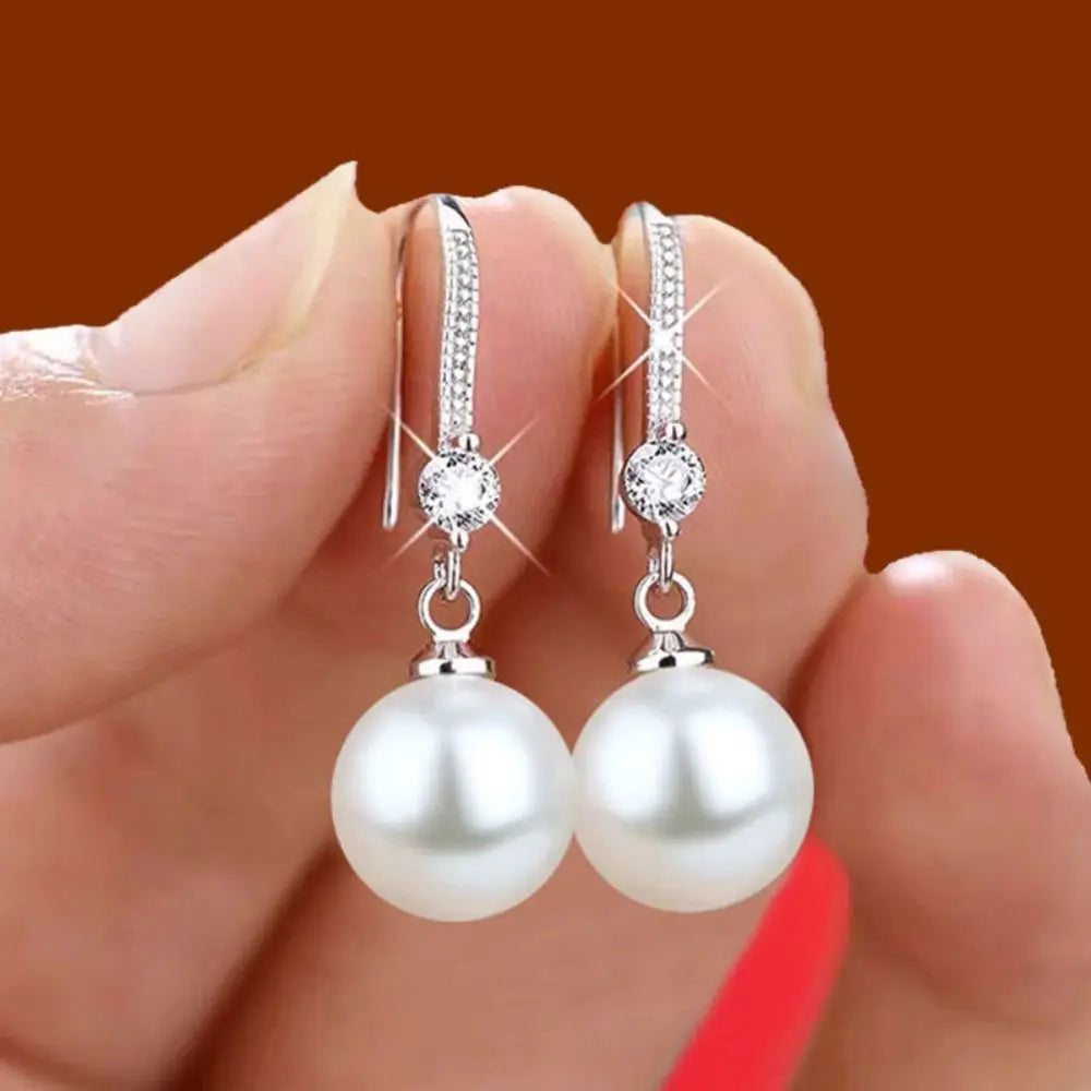 Water Drop Pearl Drop Earrings with Rhinestone Ear Hook Drop Earrings PLUSH silver-round