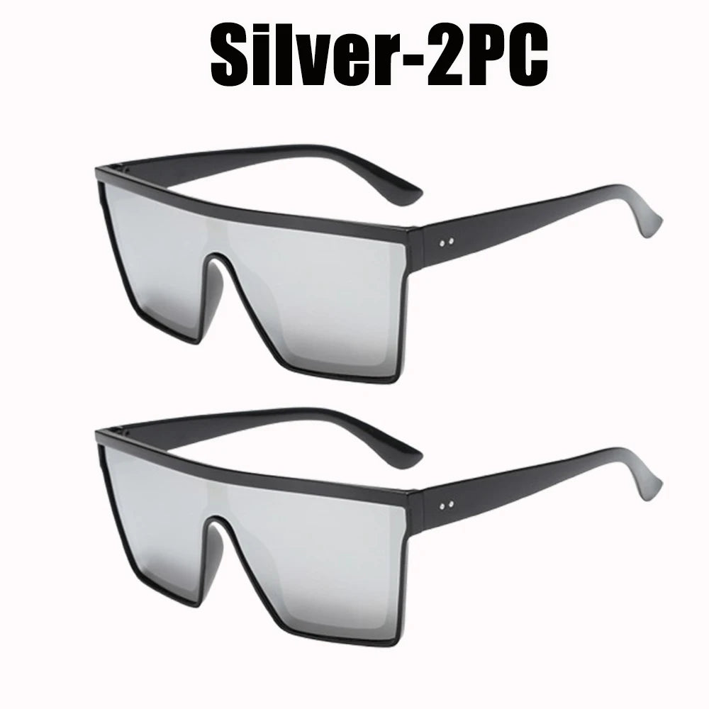 Women's Oversized Retro Sunglasses UV400 Square Sun Glasses Fashion Sunglasses PLUSH Silver-2PC