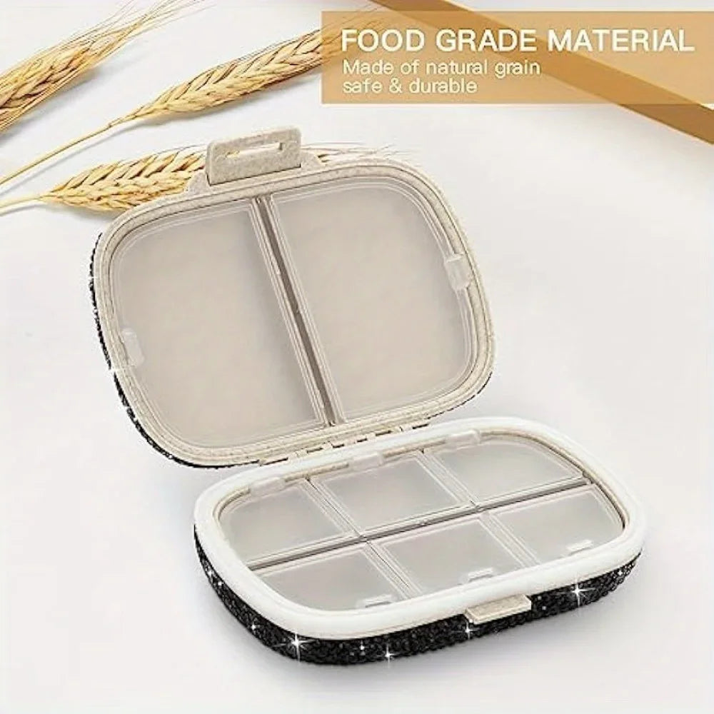 Bling Rhinestone Pill Organizer – 8-Compartment Travel Pill Box Pill Organizer PLUSH