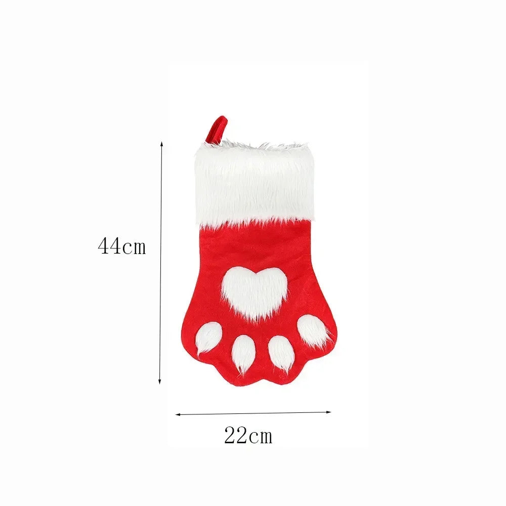 Christmas Dog Paw Fuzzy Stocking – Red Velvet Gift Bag Décor Christmas Stocking PLUSH