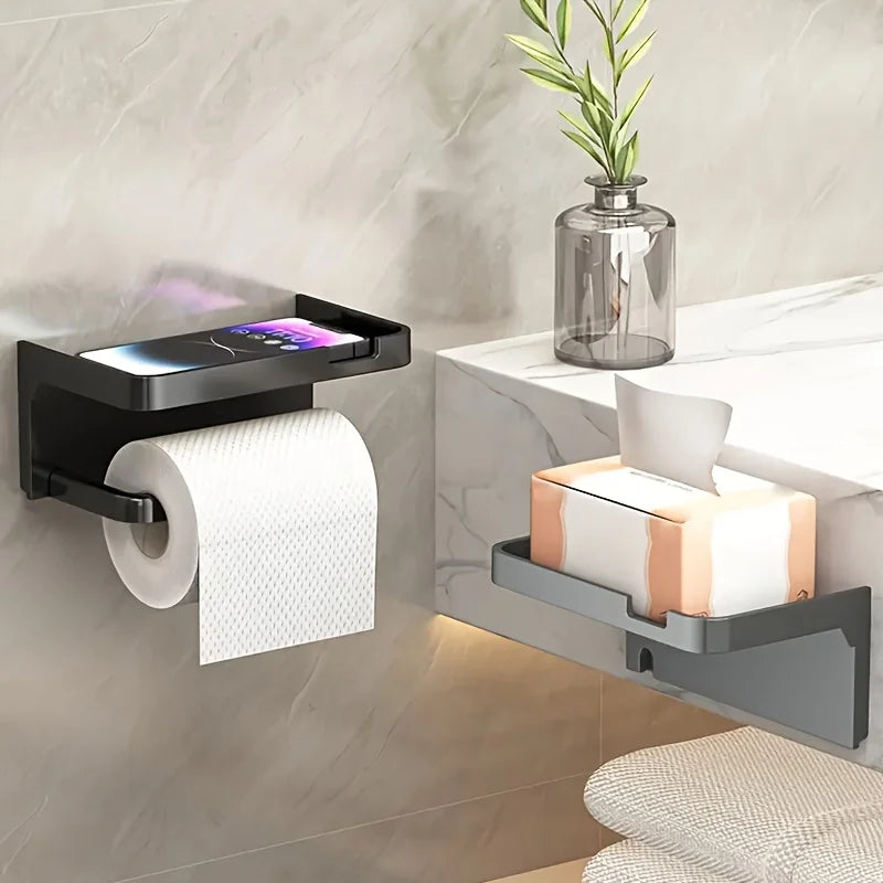 Wall-Mounted Toilet Paper Holder & Storage Rack – Black Toilet Paper Holder PLUSH