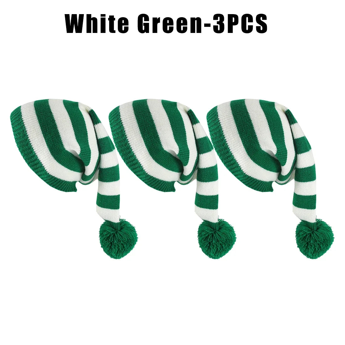Winter Long Tail Elf Hat Christmas Knit Pom Pom Santa Hat Christmas Elf Hat PLUSH as show White Green 3PCS