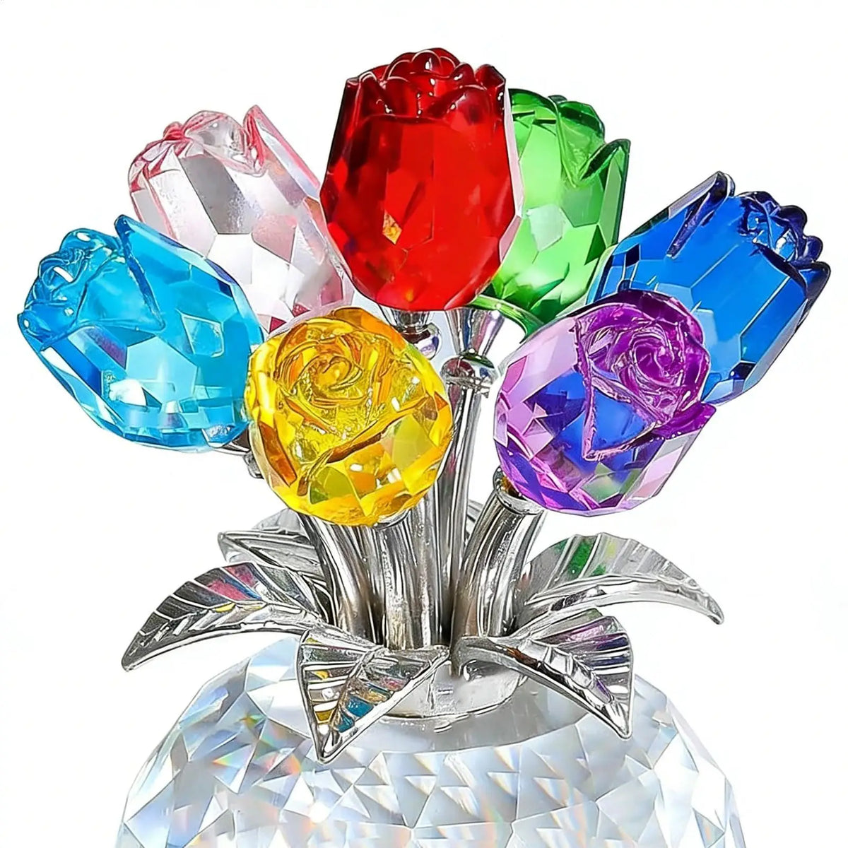 Crystal Rose Bouquet Figurine | Colorful Eternal Rose Decor Crystal Rose Figurine PLUSH