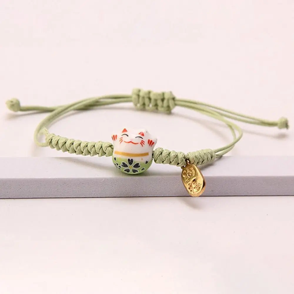 Ceramic Maneki Neko Charm Bracelet – Red Braided Rope Charm Bracelet PLUSH Green