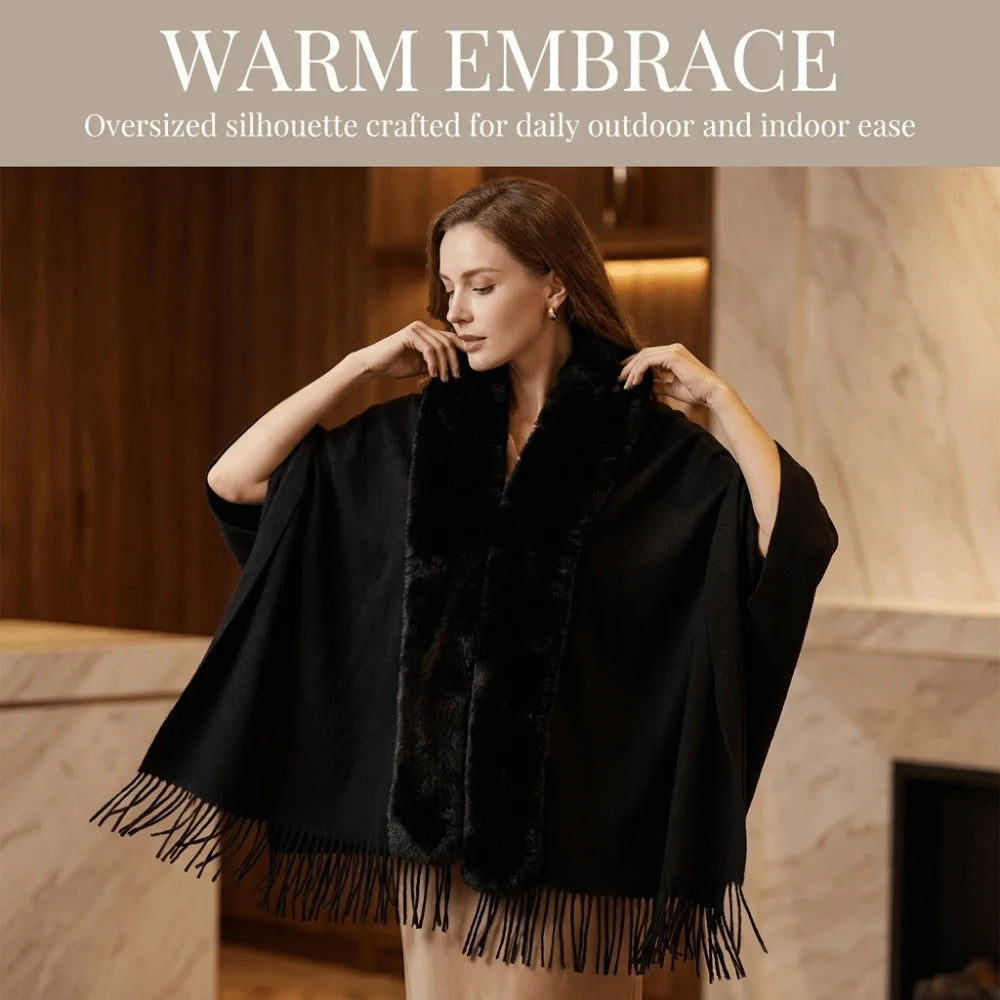Women's Oversized Faux Fur Collar Shawl Wrap Cape Poncho Faux Fur Shawl Wrap PLUSH