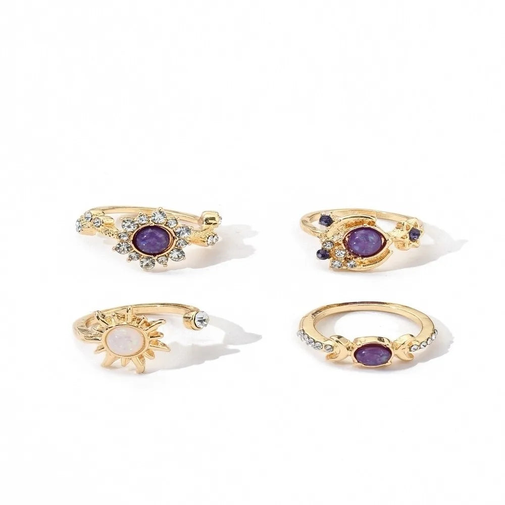 Vintage Gold Sun Moon Stackable Ring Set – 4pcs Purple Gem Stackable Ring Set PLUSH Sun-Moon-Gold