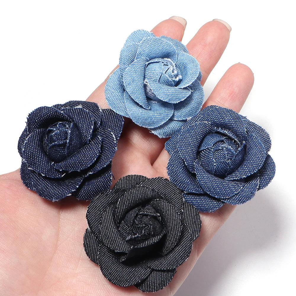 3pcs Denim Handmade Camellia Flowers 4.5cm – DIY Crafts Decor Fabric Craft Flowers PLUSH