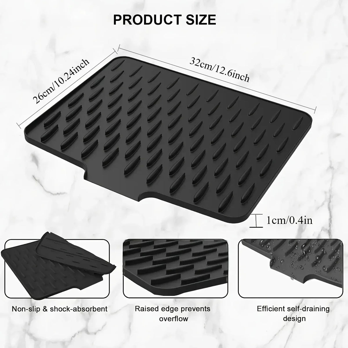 Silicone Drain Mat for Kitchen Sink, Countertop & Fridge Silicone Drain Mat PLUSH Black L
