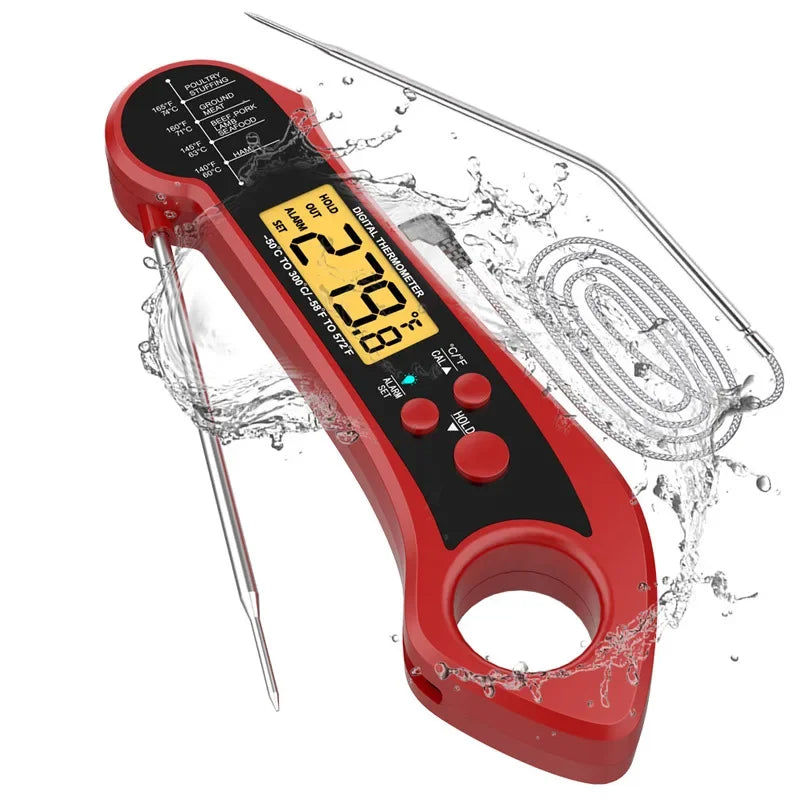IP7 Double Probe Foldable Digital Meat Thermometer BBQ Digital Meat Thermometer PLUSH Thermometer red
