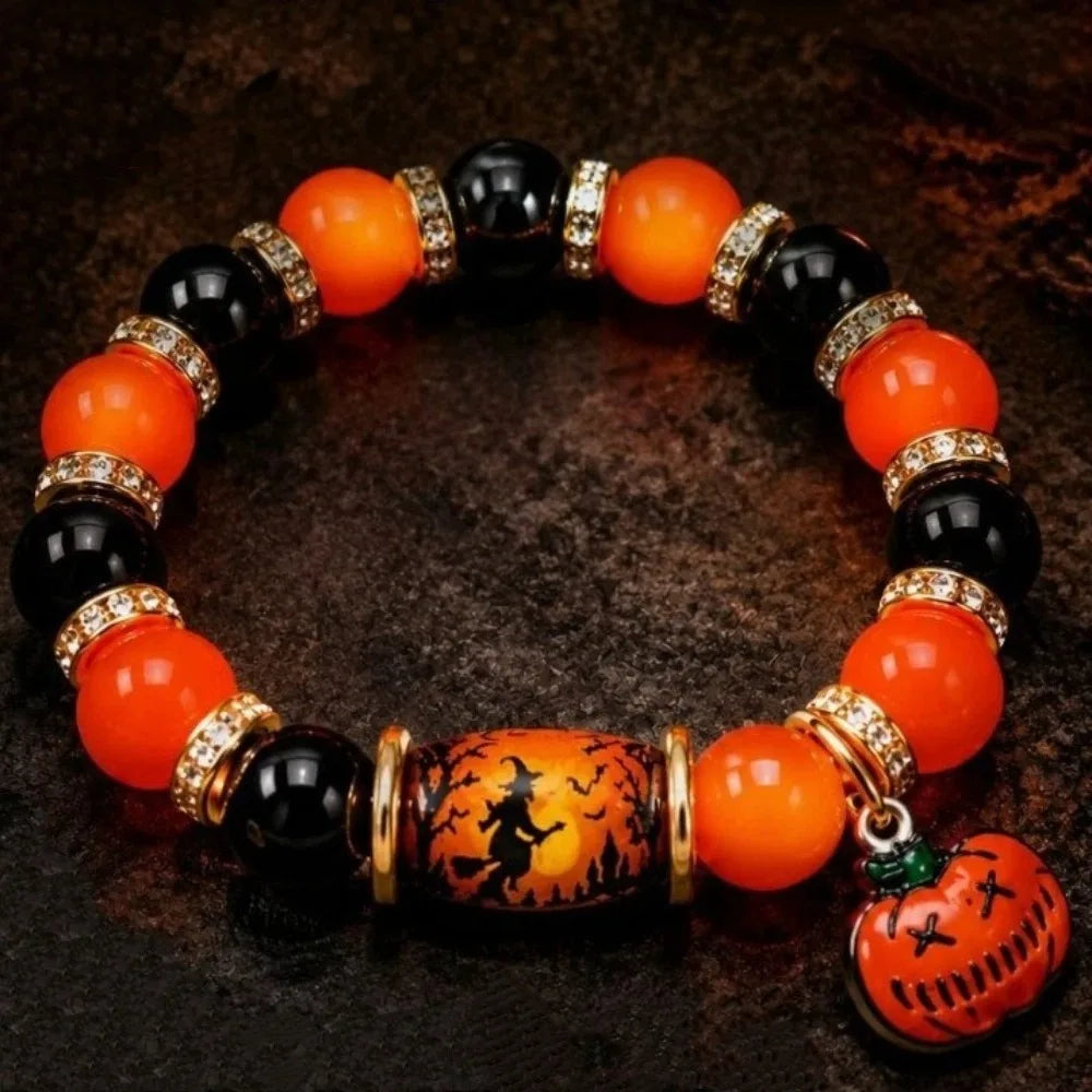 Halloween Crystal Beaded Bracelet – Ghost & Pumpkin Pendant Beaded Bracelet PLUSH Style 2