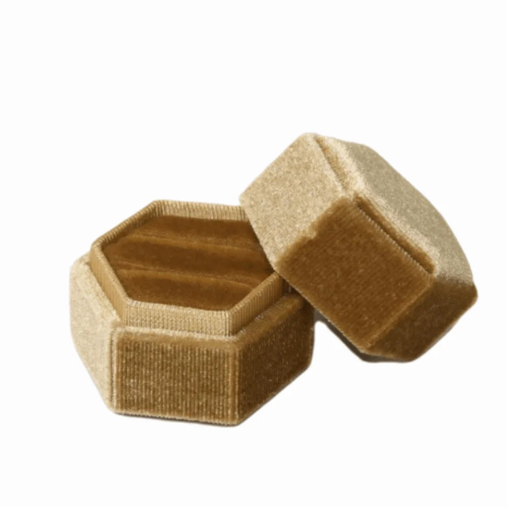 Velvet Hexagon Ring Box – Double Slot Jewelry Display Case Ring Display Box PLUSH Brown