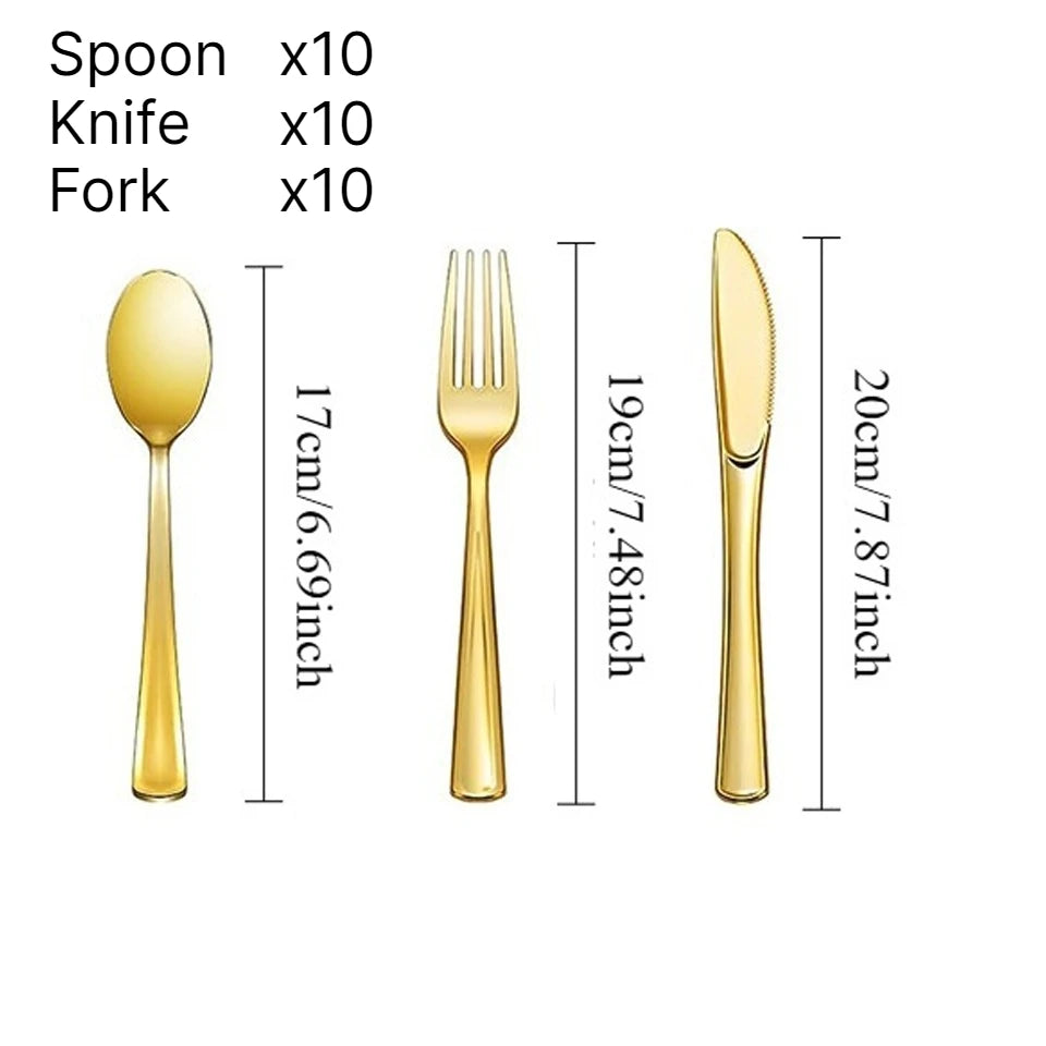 Gold Rim Disposable Dinnerware Set – Plates, Cups & Cutlery Disposable Dinnerware Set PLUSH Knife Fork Spoon