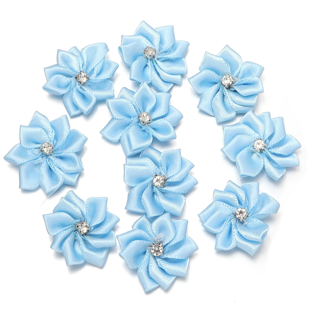 10pcs 3cm Satin Ribbon Flowers Rhinestone 9-Petal DIY Craft Fabric Flower Appliqué PLUSH Light Blue