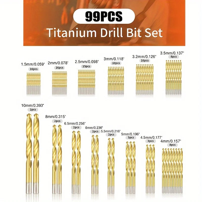 99-Piece Titanium Coated Drill Bit Set – Metal Wood Plastic Drill Bit Set PLUSH