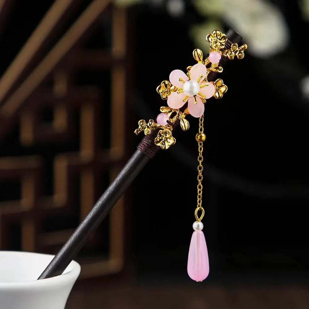 Wooden Chinese Hair Stick Vintage Flower Tassel Hairpin Fork Hair Stick Hairpin PLUSH Style 12