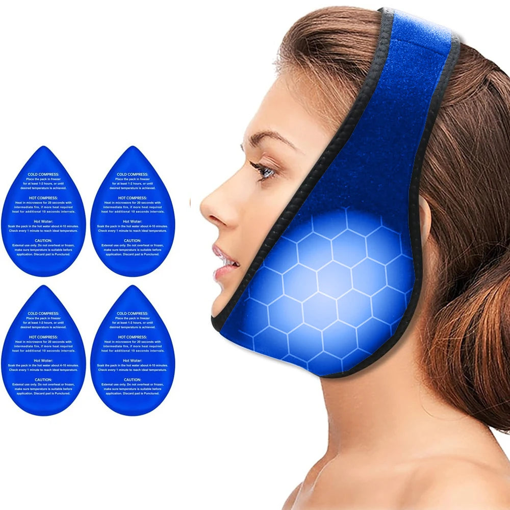 Jaw Ice Pack Head Wrap + 4 Gel Packs | Oral Surgery Recovery Cold Therapy Wrap PLUSH Blue