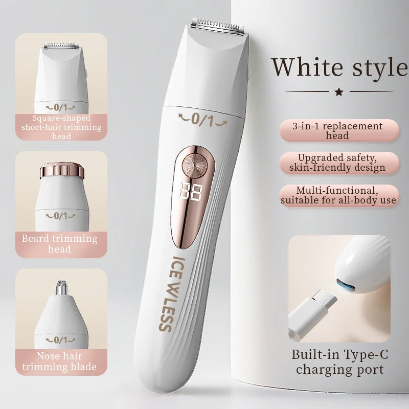 Women's 3-in-1 Electric Shaver USB Rechargeable LCD Display Women's Electric Shaver PLUSH WHITE