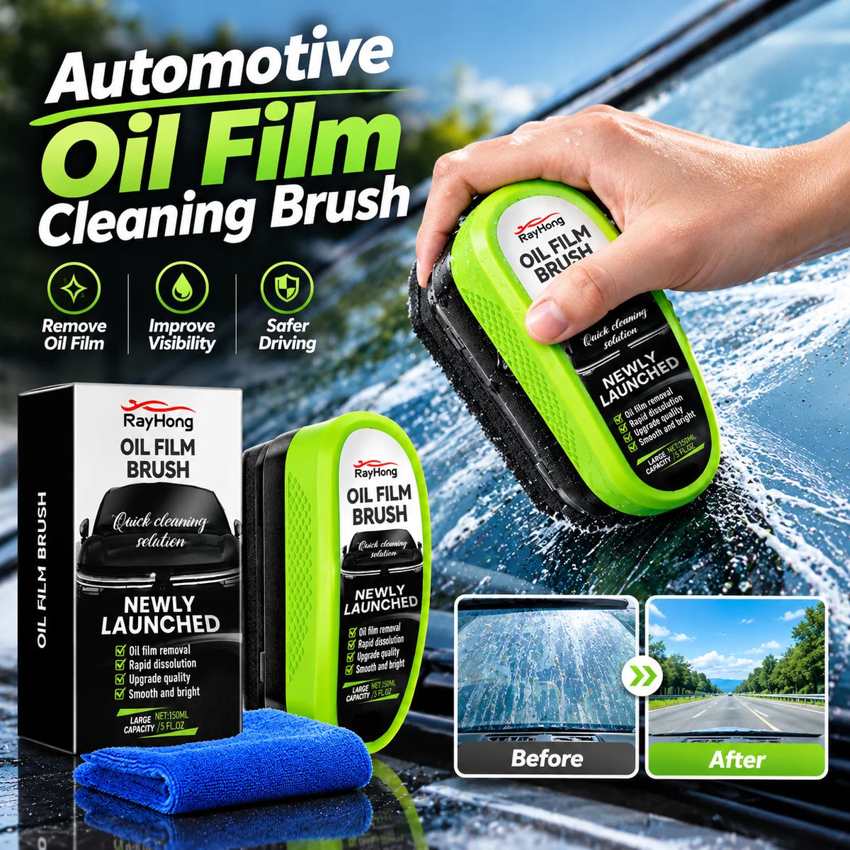 RayHong Car Glass Oil Film Cleaning Brush – 150ml Kit Auto Glass Cleaner PLUSH