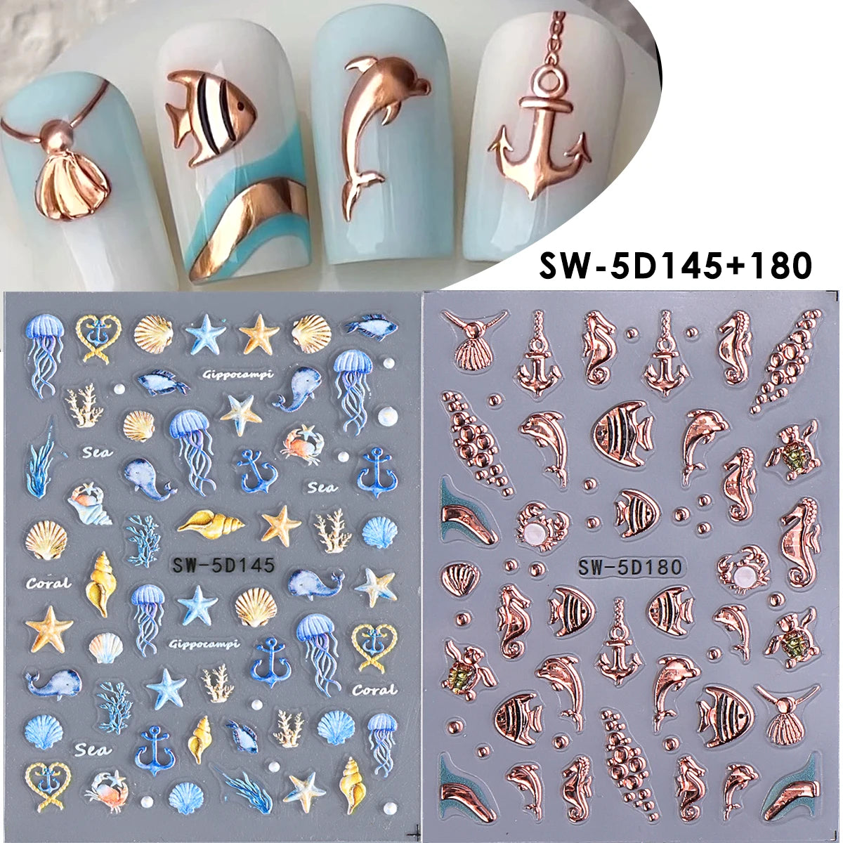 5D Ocean Embossed Nail Stickers – Starfish & Seashell Decals 2pk Nail Art Stickers PLUSH SW-5D145 180