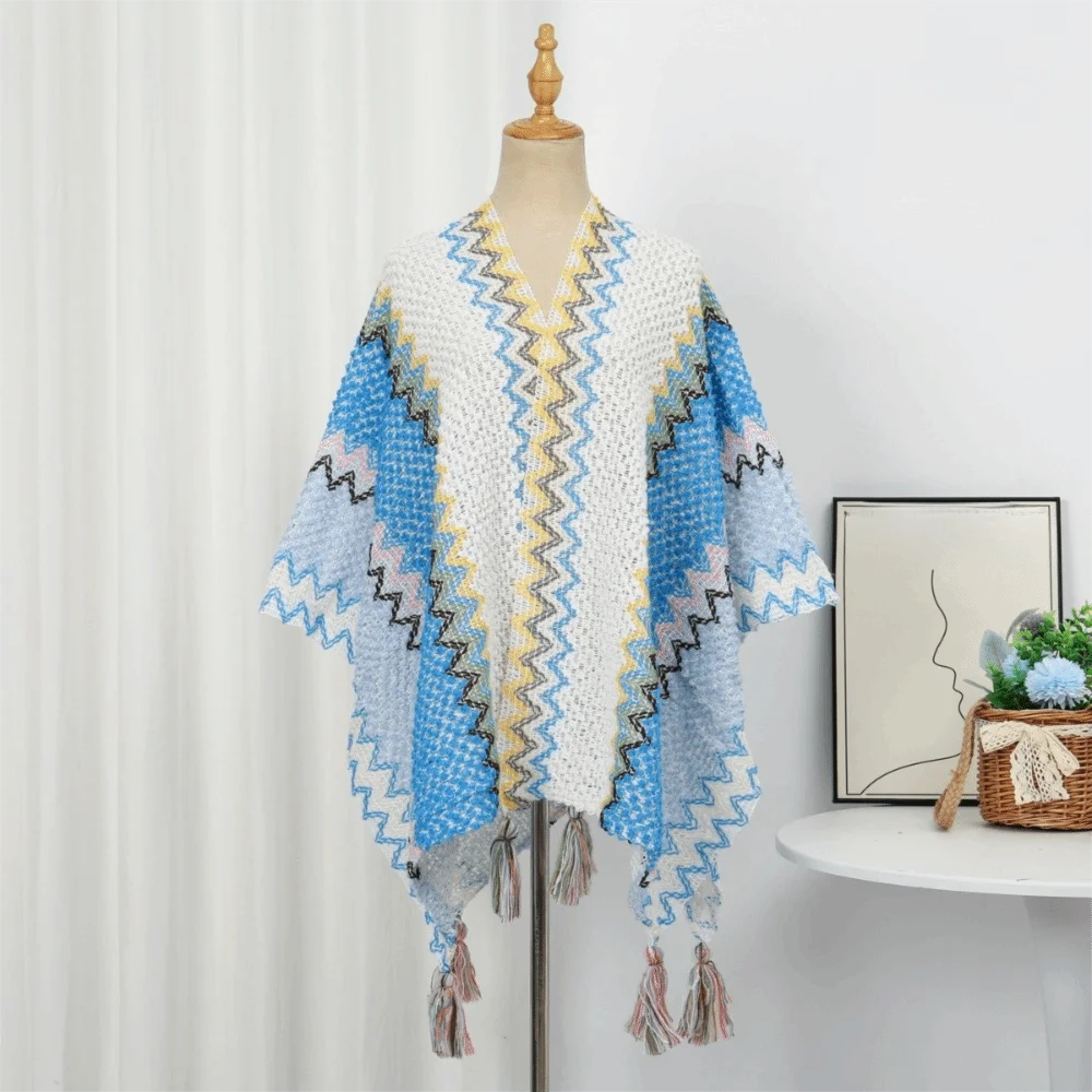 Women's Bohemian Knit Tassel Poncho Shawl – Ethnic Cape Wrap Knit Poncho Cape PLUSH Style 9